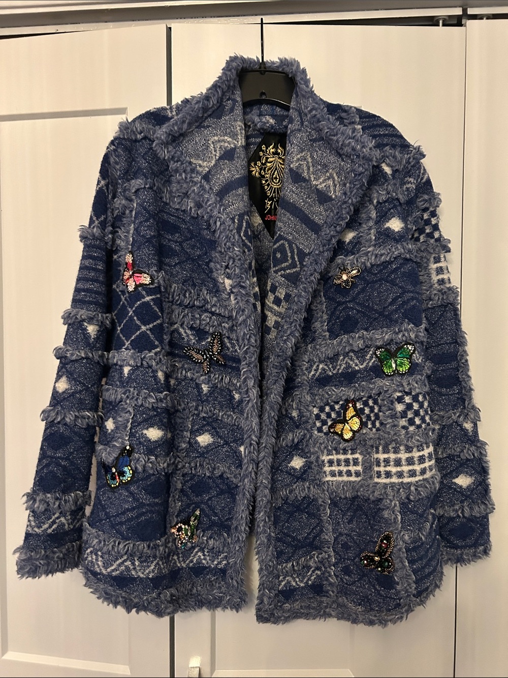 Johnny Was Biya Blue Patchwork Teddy Jacket with Butterfly & Bee Stone Appliqués